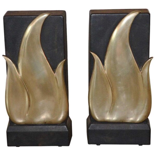 SOLD - Ward Bennett, Brass and Cast Iron, Flame Andirons, 1950s
