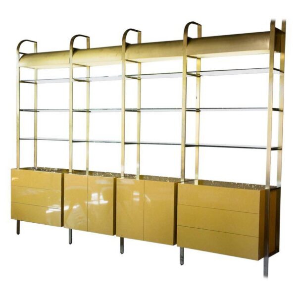 SOLD - 1970s Brass, Glass and Lacquer Wall Unit, Lighted