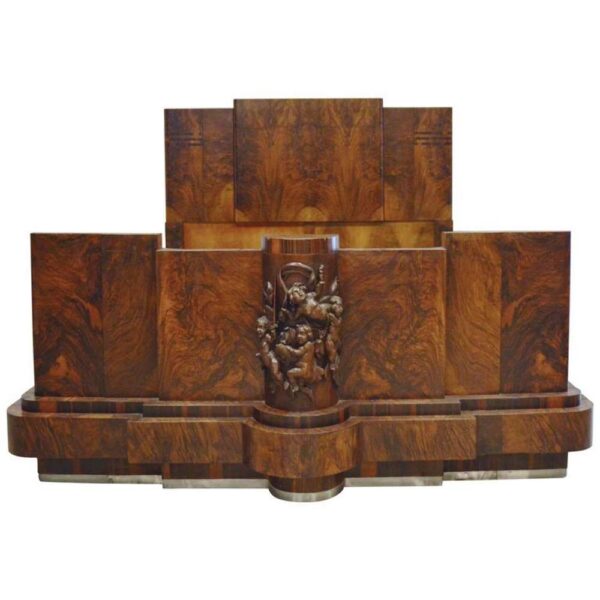SOLD - Italian Art Deco Walnut Burl and Carved Queen Bed