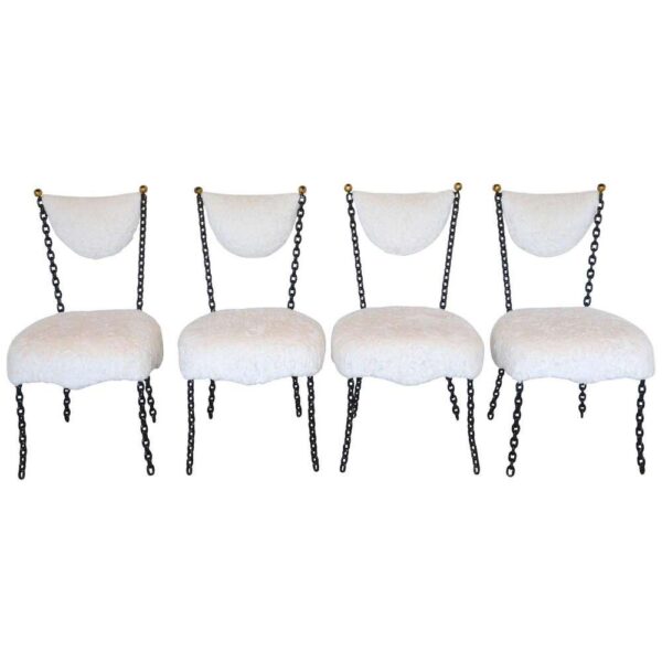 SOLD - Black Chain Chairs with Gold trim in White Fur: Style of Jean Royère