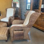 Pair of Rattan Wingback Chairs & Ottomans, France, 1940's - Image 5