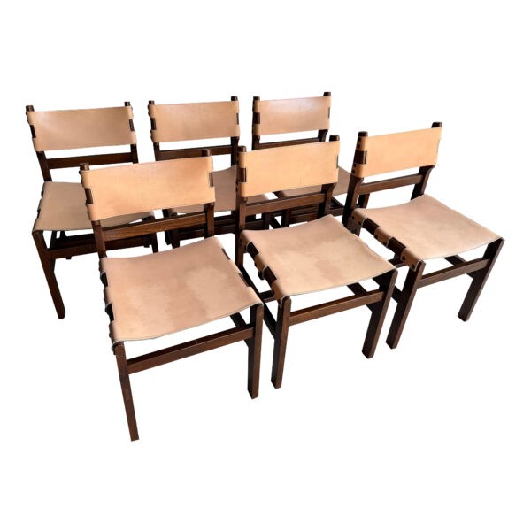 Set of Six Wood and Leather Dining Chairs, France, 1970's