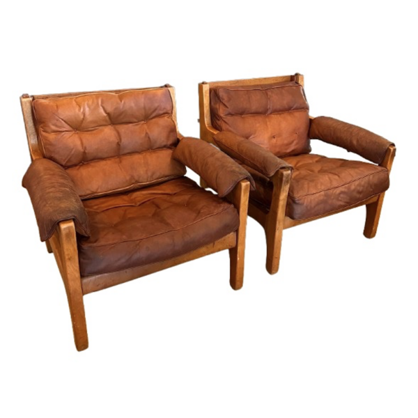 Pair Elm and Leather Chairs, France, 1960's